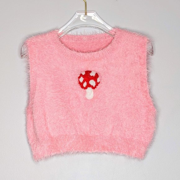SHEIN Tops - Shein Pink Fuzzy Sleeveless Sweater Mushroom Pattern Crew Neck Size L